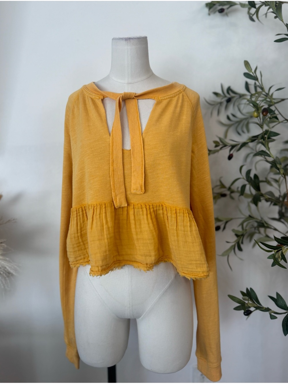Free People Mustard Yellow Mixed Media Peplum Tie Front Top Size S